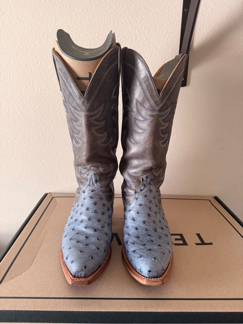 Tecovas Gray Ostrich Toe Cowboy Boots with Brown Shaft